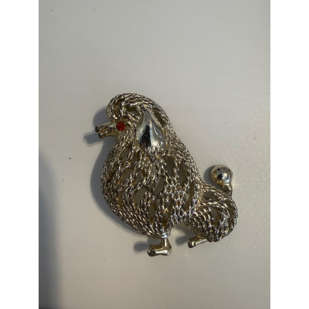 Vintage Sarah Coventry Poodle Brooch‎ Silver Tone Red Rhinestone Eye Dog Pin